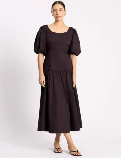 Pure Cotton Sateen Puff Sleeve Neck Midi Dress