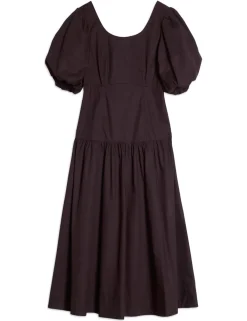 Pure Cotton Sateen Puff Sleeve Neck Midi Dress