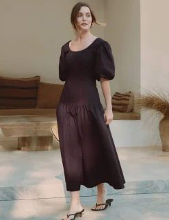Pure Cotton Sateen Puff Sleeve Neck Midi Dress