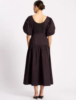 Pure Cotton Sateen Puff Sleeve Neck Midi Dress