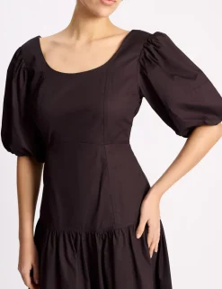 Pure Cotton Sateen Puff Sleeve Neck Midi Dress