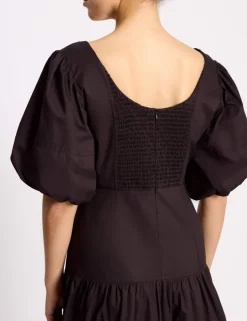 Pure Cotton Sateen Puff Sleeve Neck Midi Dress