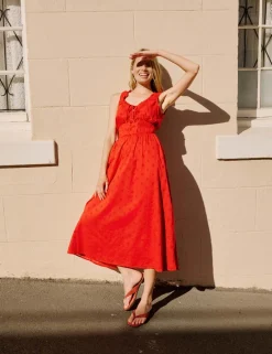 Pure Cotton Scoop Neck Midi Waisted Dress