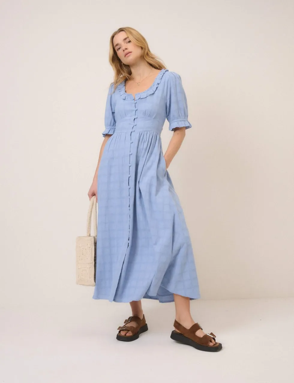 Pure Cotton Scoop Neck Midaxi Waisted Dress