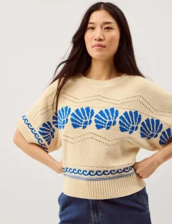 Pure Cotton Seashell Crew Neck Knitted Top
