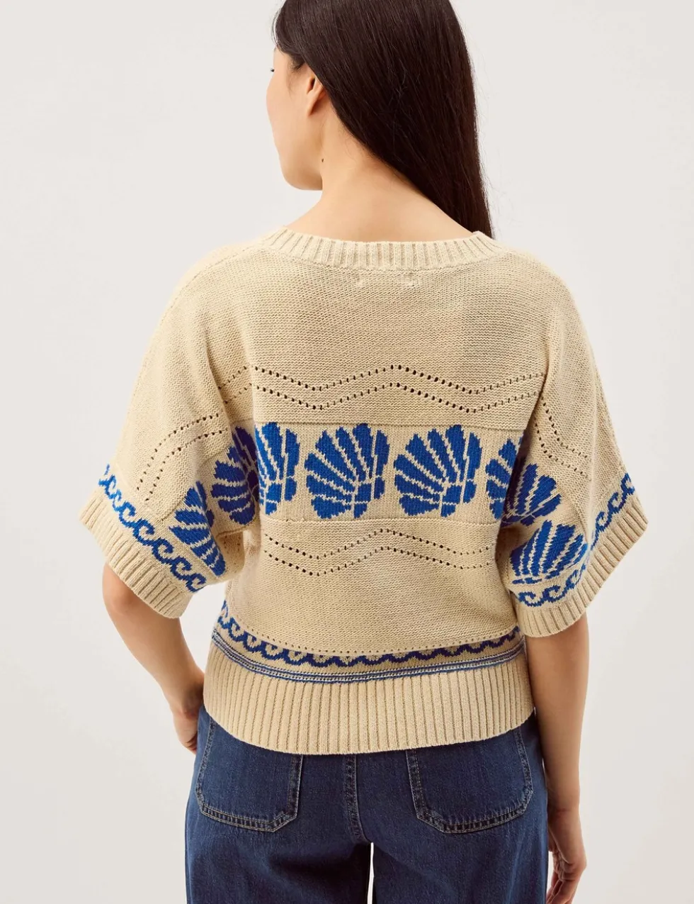 Pure Cotton Seashell Crew Neck Knitted Top