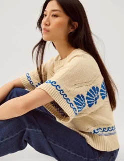 Pure Cotton Seashell Crew Neck Knitted Top