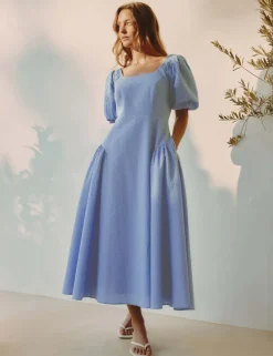 Pure Cotton Seersucker Puff Sleeve Midi Dress