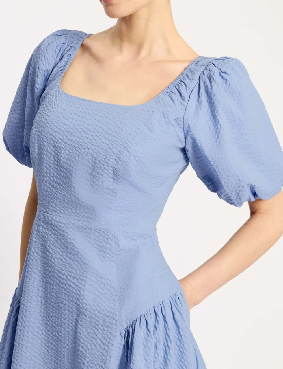 Pure Cotton Seersucker Puff Sleeve Midi Dress