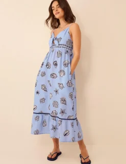 Pure Cotton Shell Print V-Neck Beach Dress