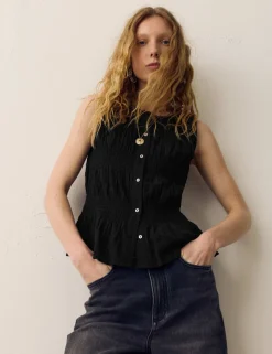 Pure Cotton Shirred Button Through Top