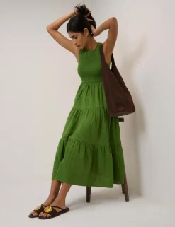 Pure Cotton Shirred Midaxi Tiered Dress