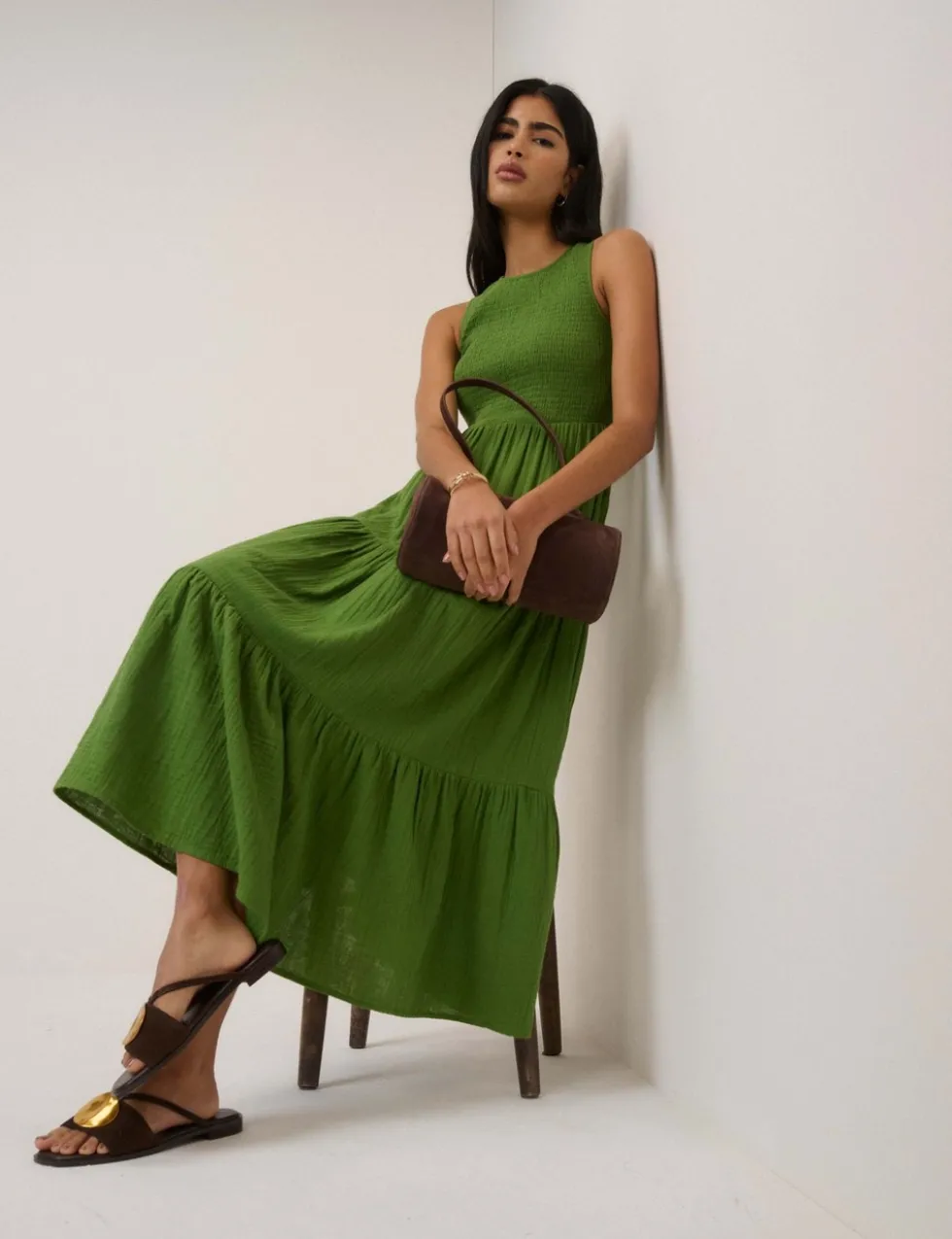 Pure Cotton Shirred Midaxi Tiered Dress