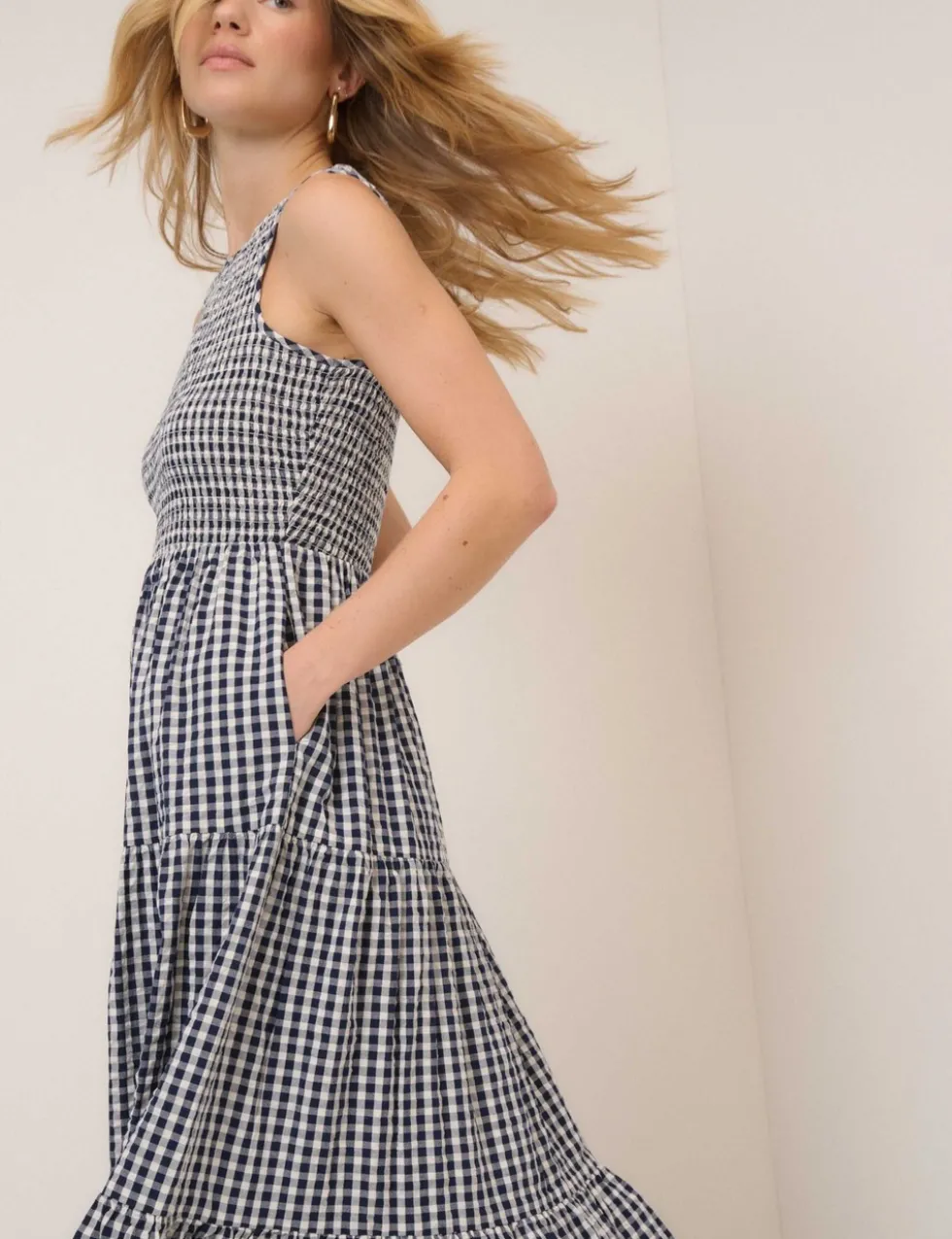 Pure Cotton Shirred Midaxi Tiered Dress