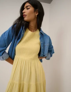 Pure Cotton Shirred Midaxi Tiered Dress