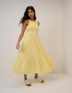 Pure Cotton Shirred Midaxi Tiered Dress