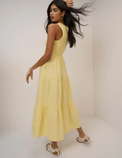 Pure Cotton Shirred Midaxi Tiered Dress