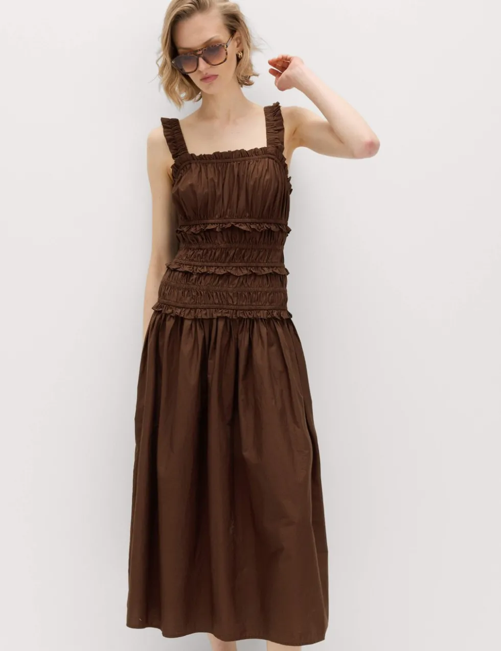 Pure Cotton Shirred Midi Waisted Dress