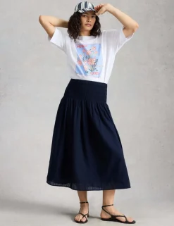Pure Cotton Shirred Midi A-Line Skirt