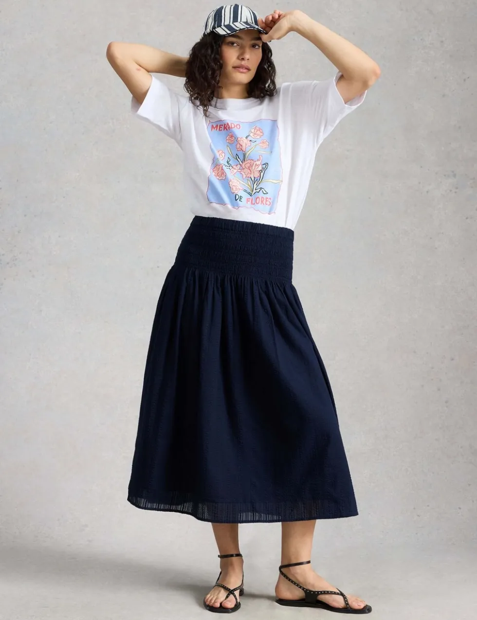 Pure Cotton Shirred Midi A-Line Skirt