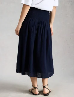 Pure Cotton Shirred Midi A-Line Skirt