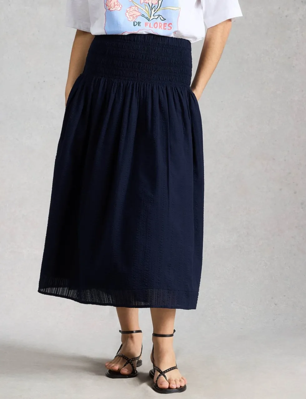 Pure Cotton Shirred Midi A-Line Skirt