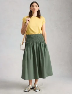 Pure Cotton Shirred Midi A-Line Skirt