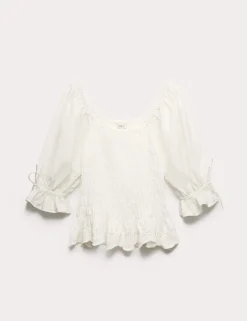 Pure Cotton Shirred Puff Sleeve Top