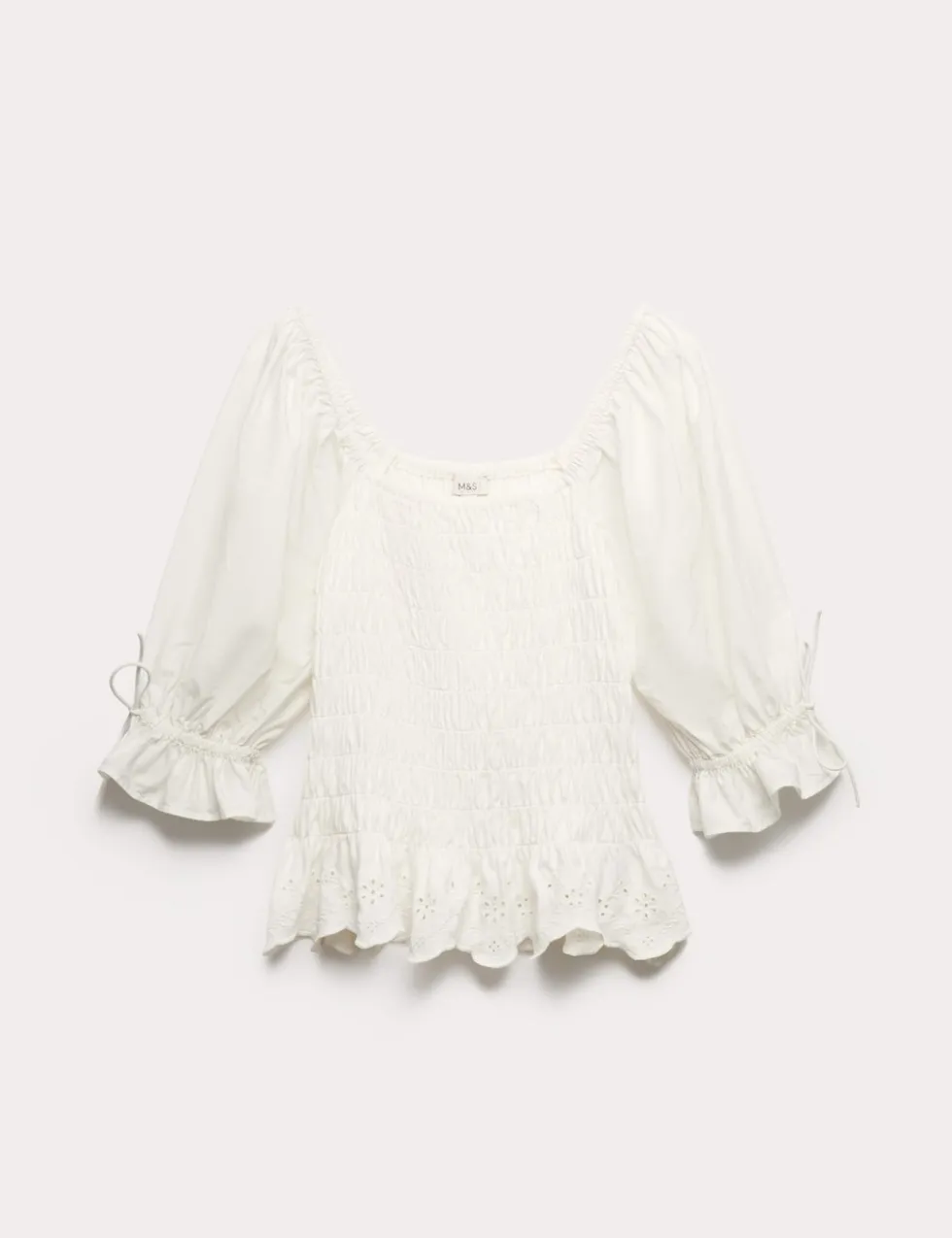 Pure Cotton Shirred Puff Sleeve Top
