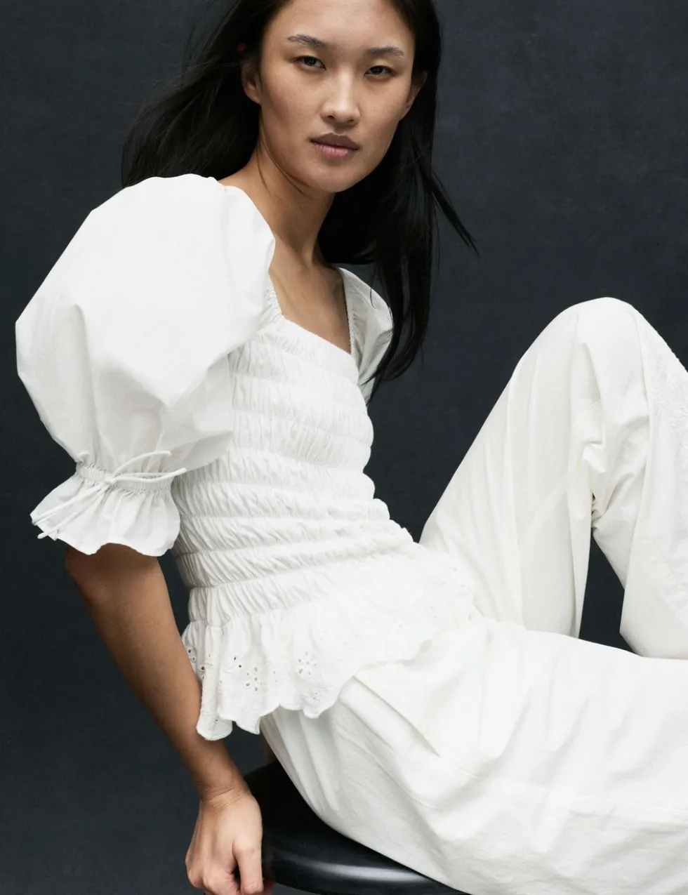 Pure Cotton Shirred Puff Sleeve Top