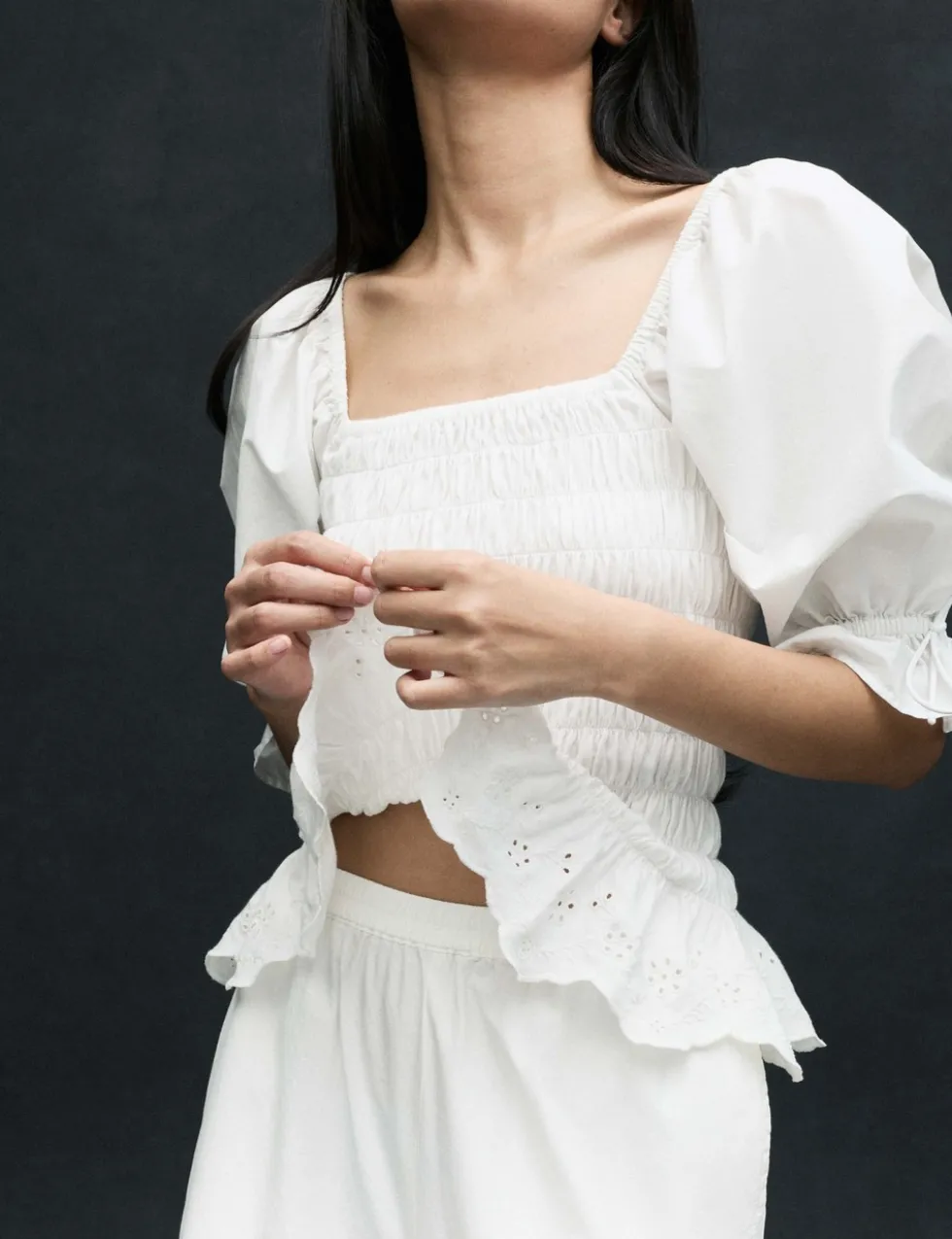 Pure Cotton Shirred Puff Sleeve Top