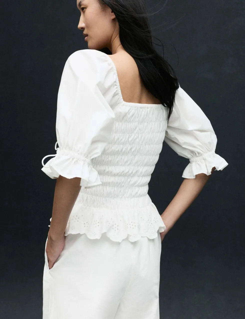 Pure Cotton Shirred Puff Sleeve Top