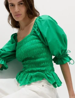 Pure Cotton Shirred Puff Sleeve Top