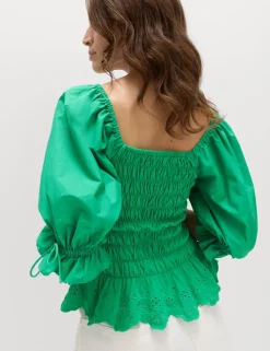 Pure Cotton Shirred Puff Sleeve Top