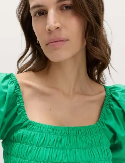 Pure Cotton Shirred Puff Sleeve Top