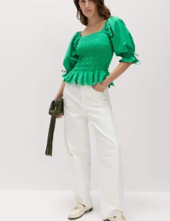 Pure Cotton Shirred Puff Sleeve Top