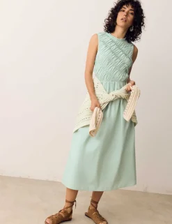 Pure Cotton Shirred Sleeveless Midi Dress