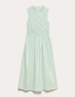 Pure Cotton Shirred Sleeveless Midi Dress