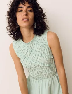 Pure Cotton Shirred Sleeveless Midi Dress