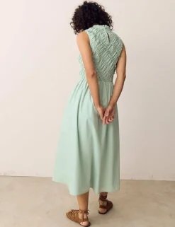 Pure Cotton Shirred Sleeveless Midi Dress