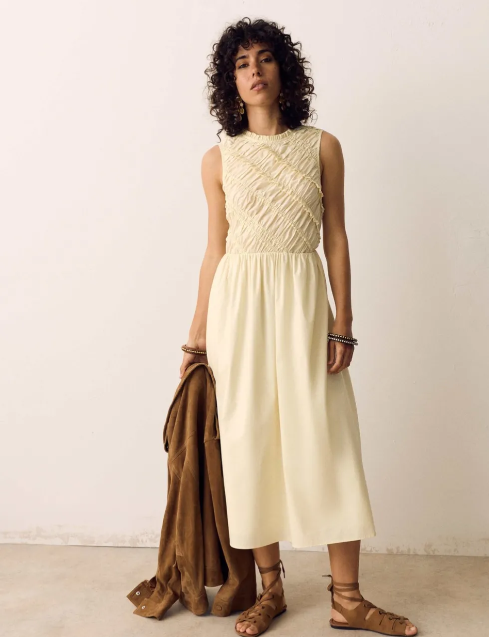 Pure Cotton Shirred Sleeveless Midi Dress