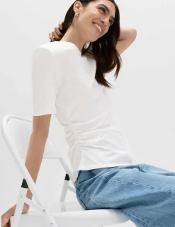 Pure Cotton Shoulder Pad Asymmetric Hem T-Shirt