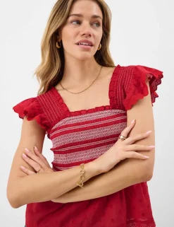 Pure Cotton Smocked Frill Shoulder Top