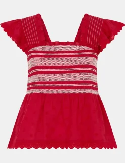 Pure Cotton Smocked Frill Shoulder Top