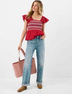 Pure Cotton Smocked Frill Shoulder Top