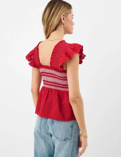 Pure Cotton Smocked Frill Shoulder Top