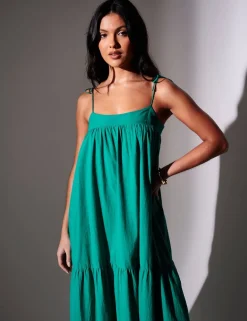 Pure Cotton Square Neck Maxi Tiered Dress