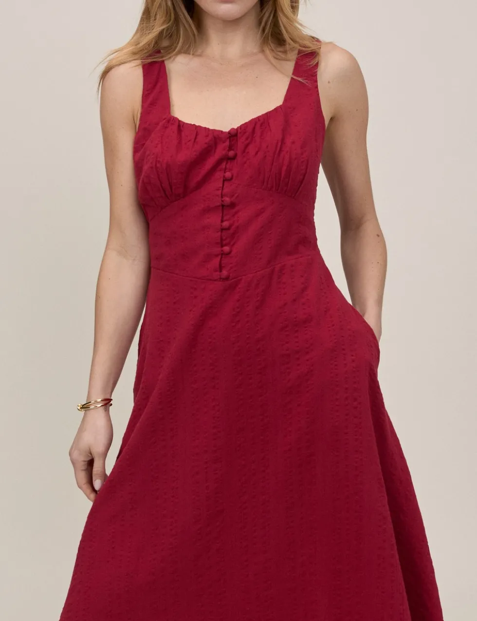 Pure Cotton Square Neck Midi Waisted Dress