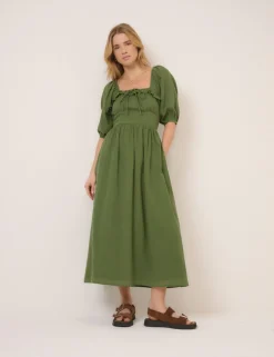 Pure Cotton Square Neck Midi Waisted Dress