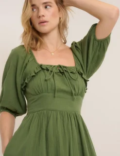 Pure Cotton Square Neck Midi Waisted Dress